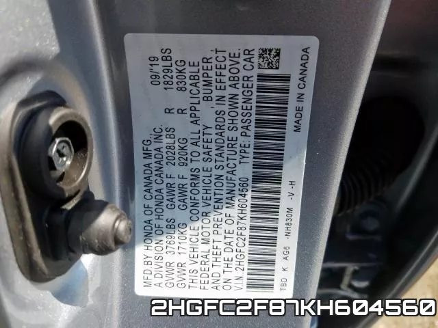 2HGFC2F87KH604560 фото 2