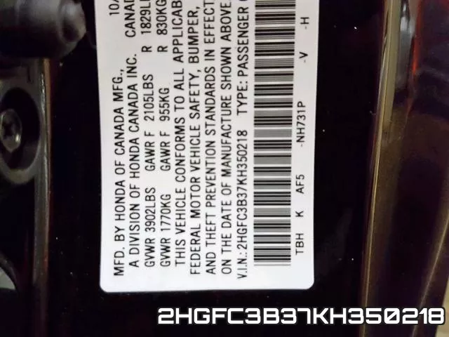 2HGFC3B37KH350218 фото 2
