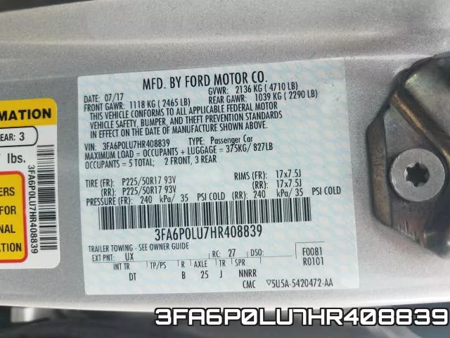 3FA6P0LU7HR408839 фото 2