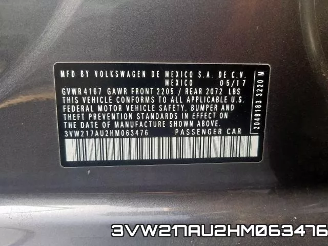 3VW217AU2HM063476 фото 2