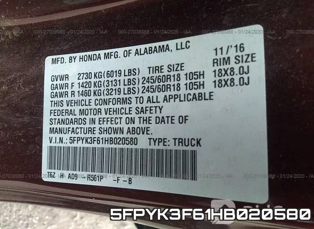 5FPYK3F61HB020580 фото 10