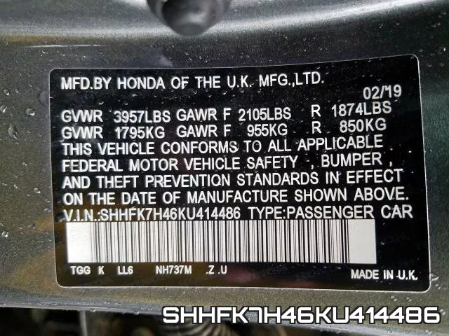 SHHFK7H46KU414486 фото 2