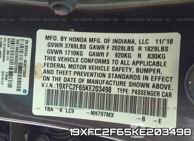19XFC2F65KE203498 фото 10