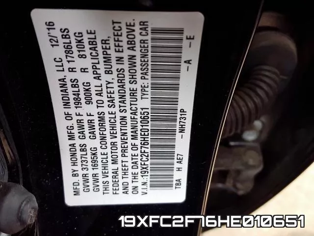 19XFC2F76HE010651 фото 2