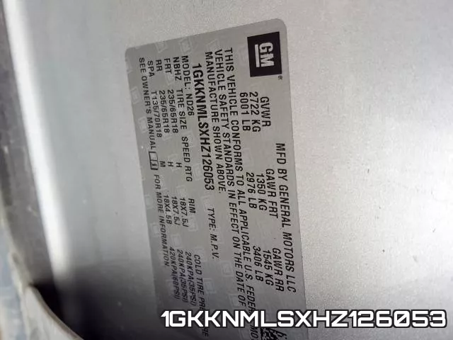 1GKKNMLSXHZ126053 фото 2