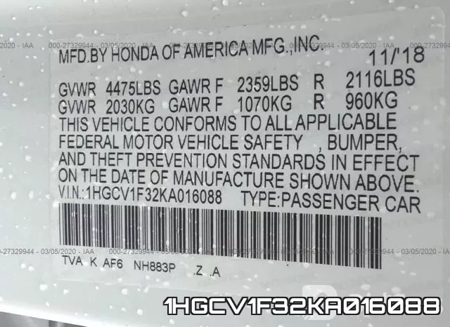 1HGCV1F32KA016088 фото 10