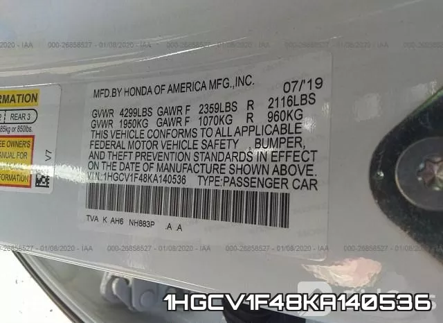1HGCV1F48KA140536 фото 10