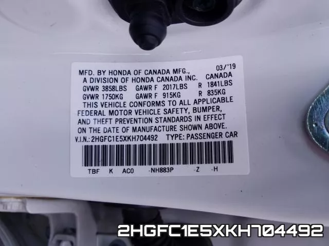 2HGFC1E5XKH704492 фото 2