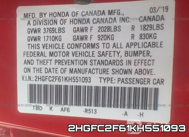 2HGFC2F61KH551093 фото 10