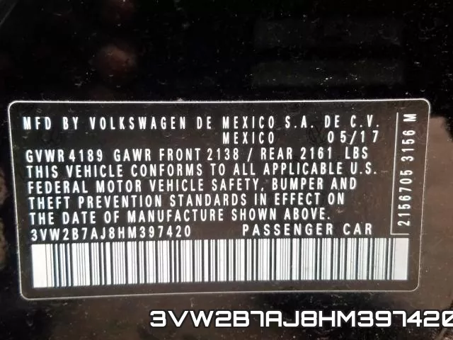 3VW2B7AJ8HM397420 фото 2