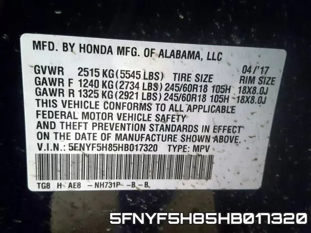 5FNYF5H85HB017320 фото 2