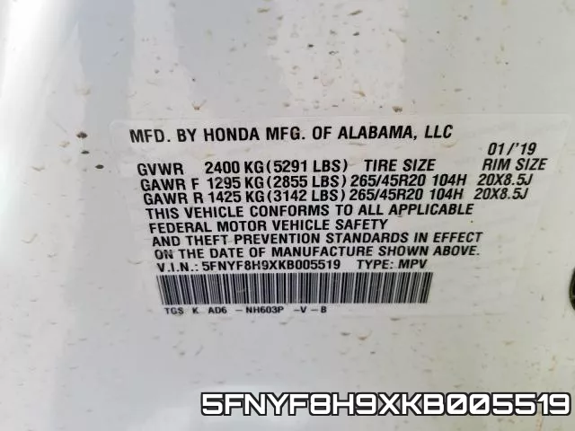 5FNYF8H9XKB005519 фото 2