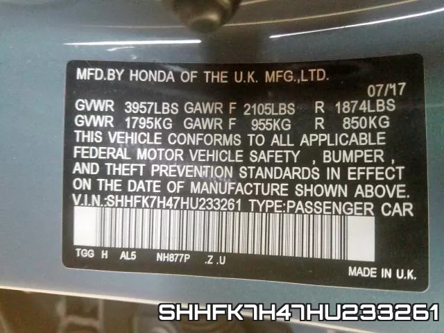SHHFK7H47HU233261 фото 2