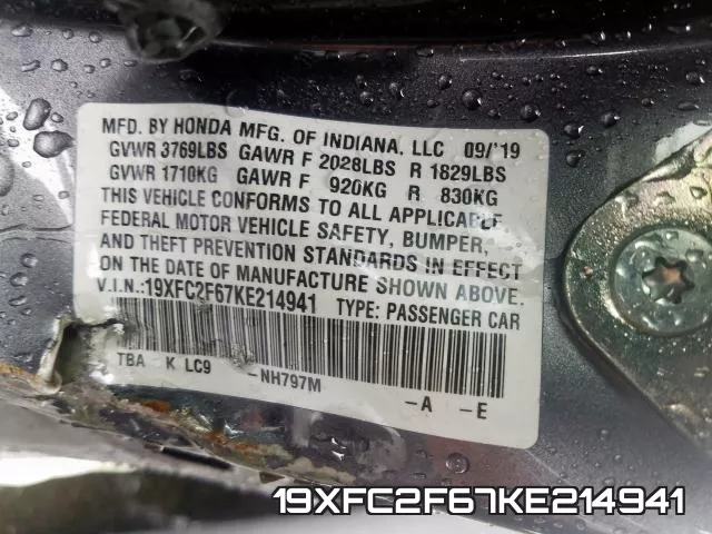 19XFC2F67KE214941 фото 2