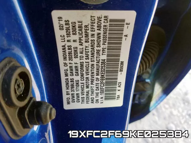 19XFC2F69KE025384 фото 2