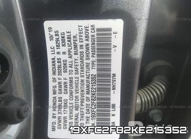 19XFC2F82KE215352 фото 10