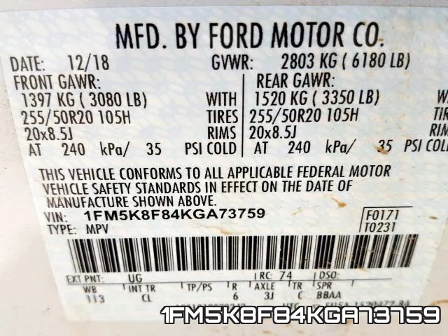 1FM5K8F84KGA73759 фото 2