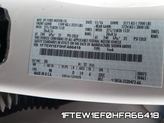 1FTEW1EF0HFA66418 фото 2