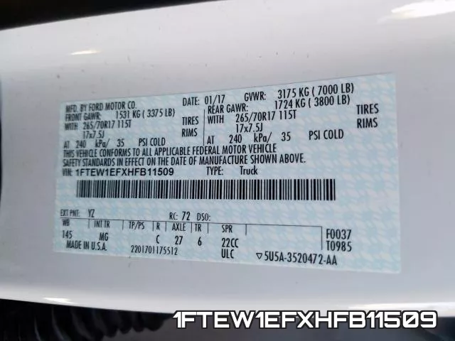1FTEW1EFXHFB11509 фото 2