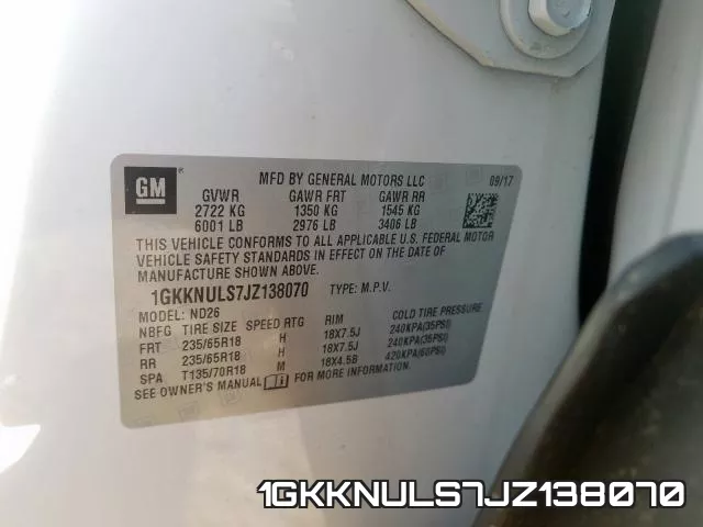 1GKKNULS7JZ138070 фото 2