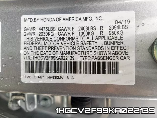 1HGCV2F99KA022139 фото 2