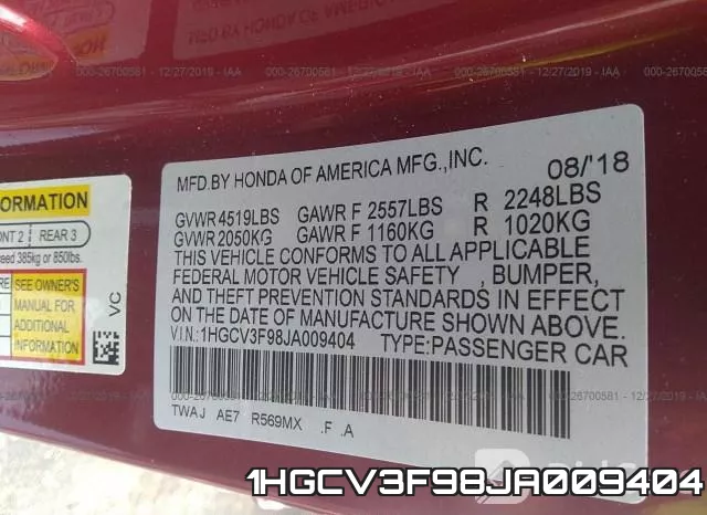 1HGCV3F98JA009404 фото 10