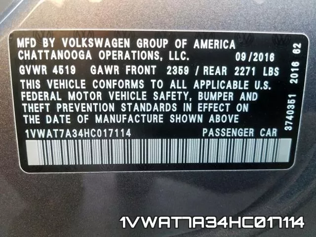 1VWAT7A34HC017114 фото 2