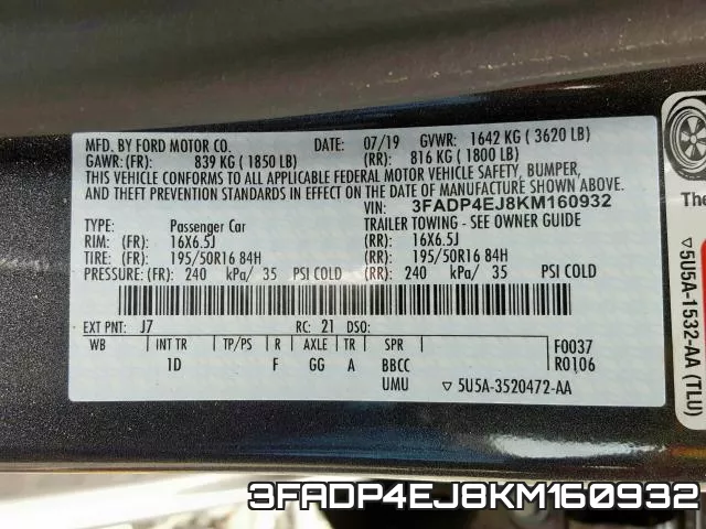 3FADP4EJ8KM160932 фото 2