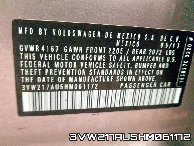 3VW217AU5HM061172 фото 2