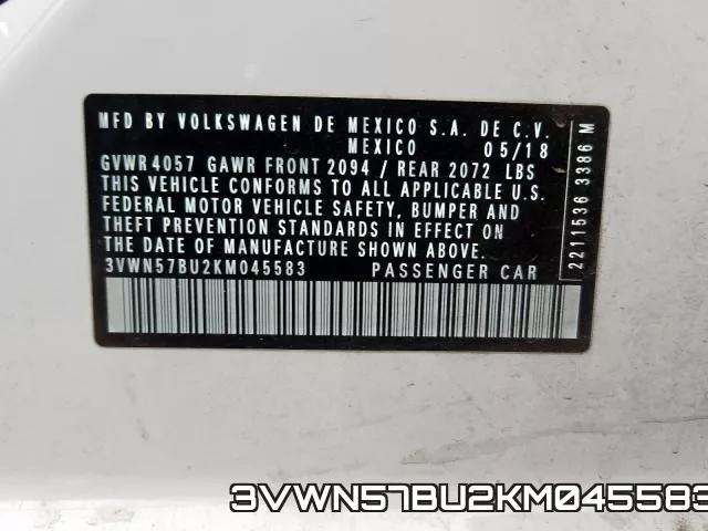3VWN57BU2KM045583 фото 2