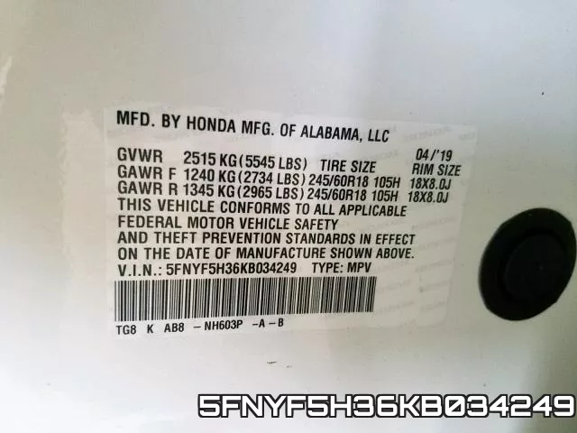 5FNYF5H36KB034249 фото 2