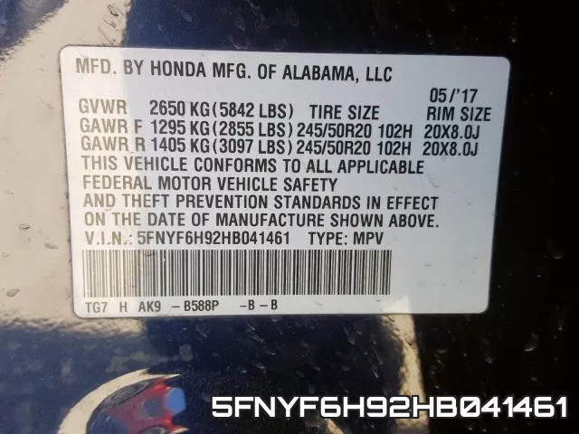 5FNYF6H92HB041461 фото 2