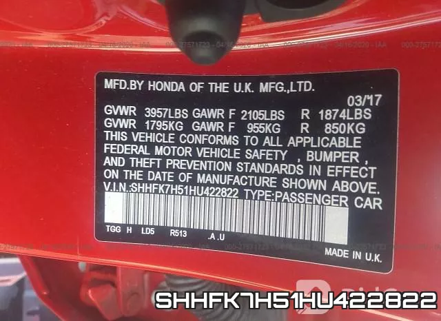 SHHFK7H51HU422822 фото 10