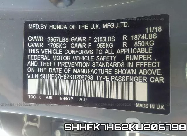 SHHFK7H62KU206798 фото 10