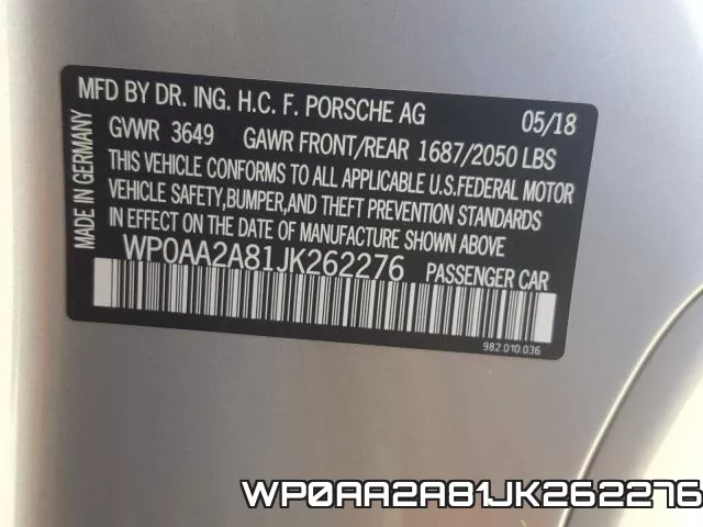 WP0AA2A81JK262276 фото 2