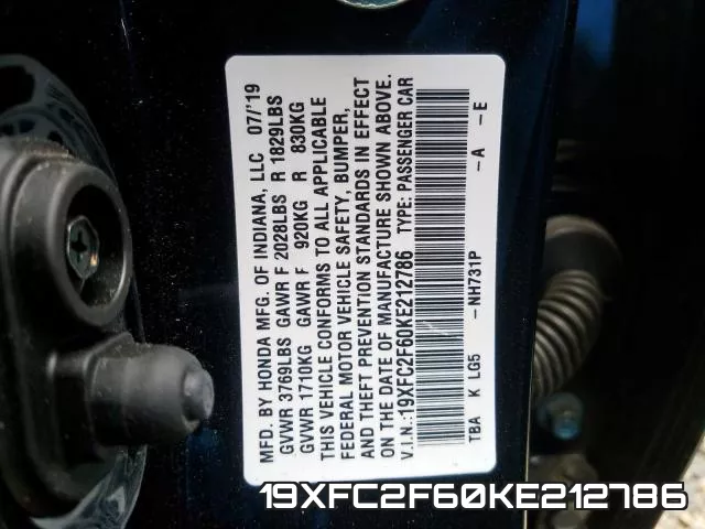 19XFC2F60KE212786 фото 2