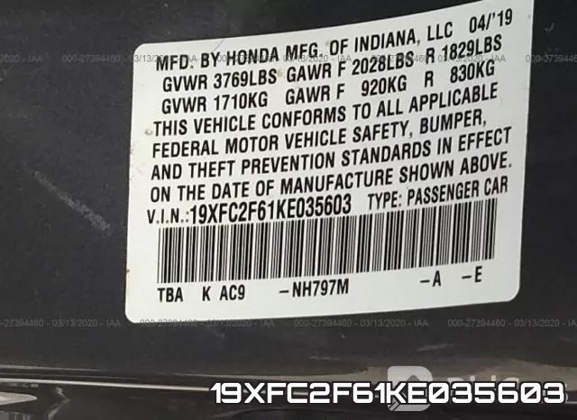 19XFC2F61KE035603 фото 10