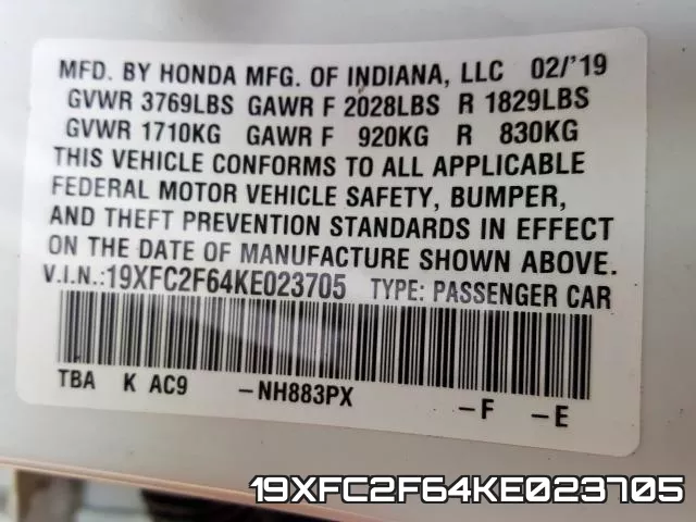 19XFC2F64KE023705 фото 2
