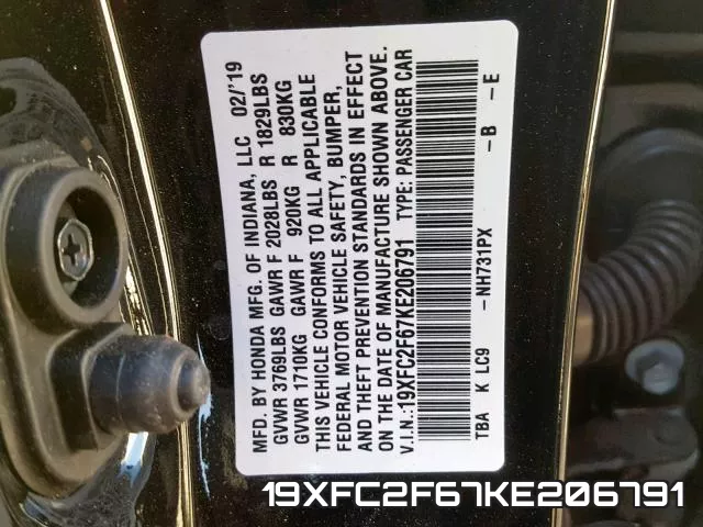 19XFC2F67KE206791 фото 2