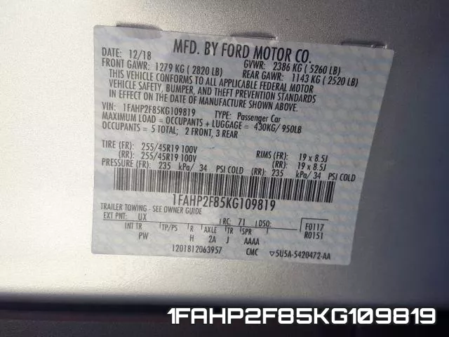 1FAHP2F85KG109819 фото 2