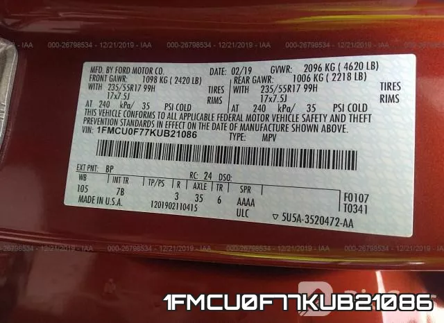 1FMCU0F77KUB21086 фото 10