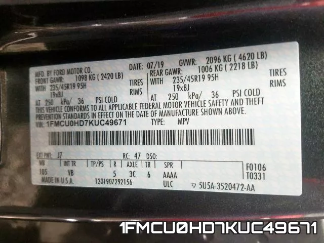 1FMCU0HD7KUC49671 фото 2