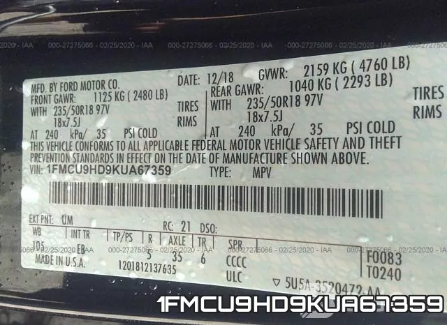 1FMCU9HD9KUA67359 фото 10