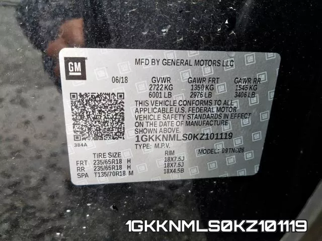 1GKKNMLS0KZ101119 фото 2