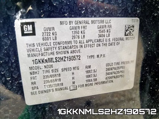 1GKKNMLS2HZ190572 фото 2
