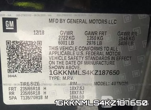 1GKKNMLS4KZ187650 фото 10