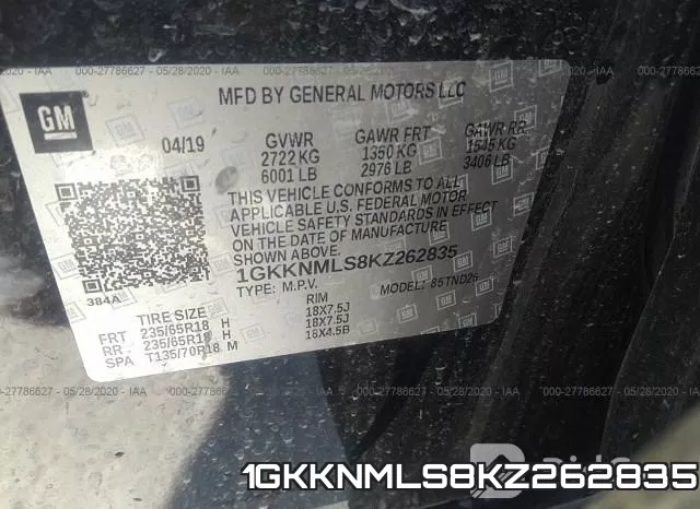 1GKKNMLS8KZ262835 фото 10