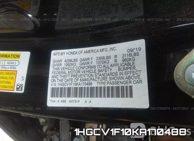 1HGCV1F10KA170488 фото 10
