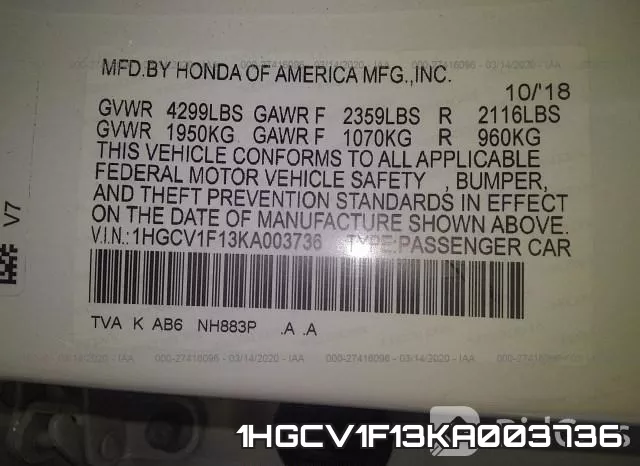 1HGCV1F13KA003736 фото 10