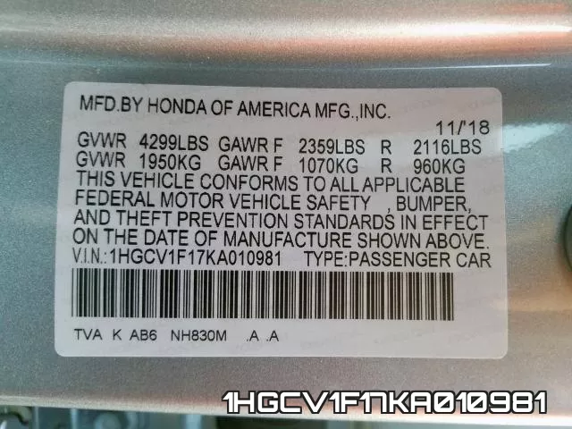 1HGCV1F17KA010981 фото 2